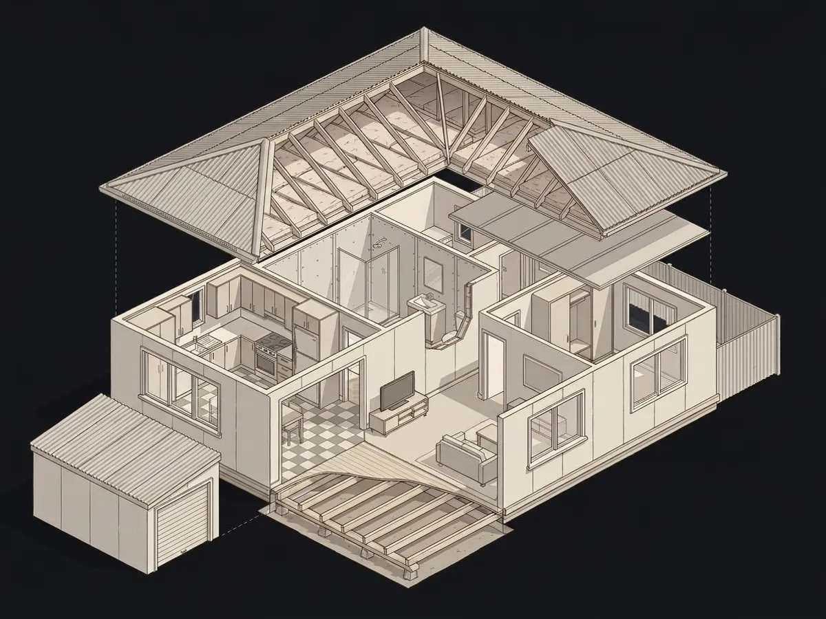 Isometric cutaway of a single-storey house with a separate garage and a boundary fence, showing the roof, ceiling space, rooms and floor where asbestos is commonly found.